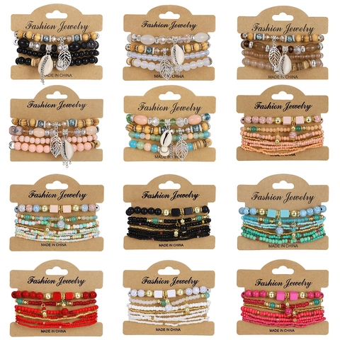 Bohemian Mehrlagiges Perlenarmband Mit Blatt- und Muschel-Charms Acryl Holz Harz Handgefertigter Ethno-Schmuck Für Damen Urlaub Alltag
