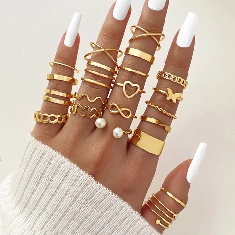 Bohemian Alloy Ring Set For Women Butterfly Heart Star Pattern Gold Silver Black Knuckle Ring Rhinestone Jewelry Gift