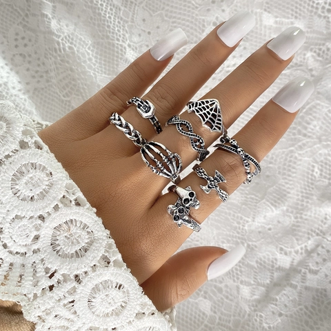 Gothic Punk Skeleton Skull Butterfly Rings For Women Antique Silver Vintage Halloween Jewelry Assorted Retro Grunge Jewelry