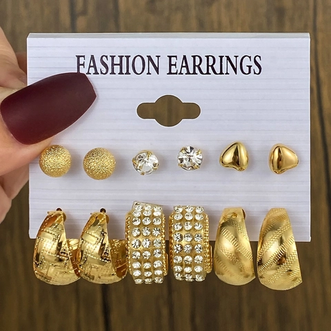 Retro Geometrische Gehämmerte Gold Legierung Ohrringe Kollektion Für Damen Herz Strass Künstliche Perle Stecker Creolen Schmuck