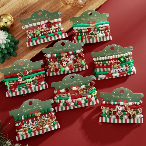 Pulseras de Cuentas de Navidad para Mujeres Niños Aleación Arcilla Polimérica Acrílico Papá Noel Copo de Nieve Árbol de Navidad Colgantes de Campana Joyería Apilable Rojo Verde Dorado Blanco