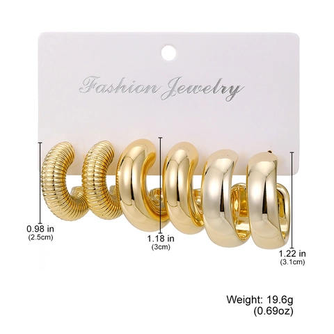 Ensemble de Boucles d'Oreilles Créoles CCB Épaisses pour Femmes 3 Paires Couleur Or Argent Torsadé Géométrique en Forme de C