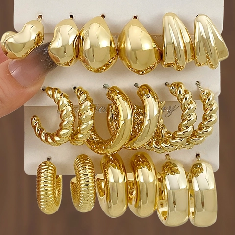 Ensemble de Boucles d'Oreilles Créoles CCB Épaisses pour Femmes 3 Paires Couleur Or Argent Torsadé Géométrique en Forme de C