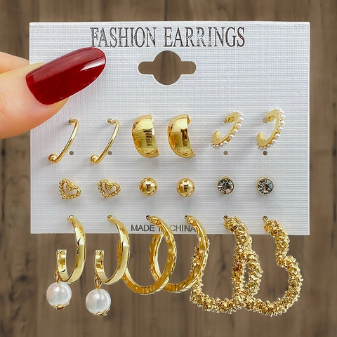 Fashion Gold Alloy Artificial Pearl Rhinestone Earring Collection For Women Heart Geometric Hoop Stud Earrings Jewelry Gift