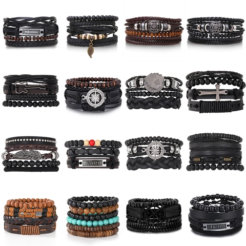 Bracelet Vintage Homme en Similicuir Tressé Multicouche Fait Main Perles en Bois Pendentif Alliage Punk Bohême Bijoux de Mode Cadeau