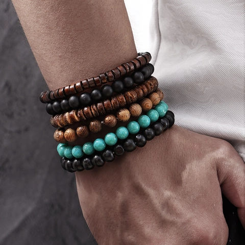 Bracelet Vintage Homme en Similicuir Tressé Multicouche Fait Main Perles en Bois Pendentif Alliage Punk Bohême Bijoux de Mode Cadeau