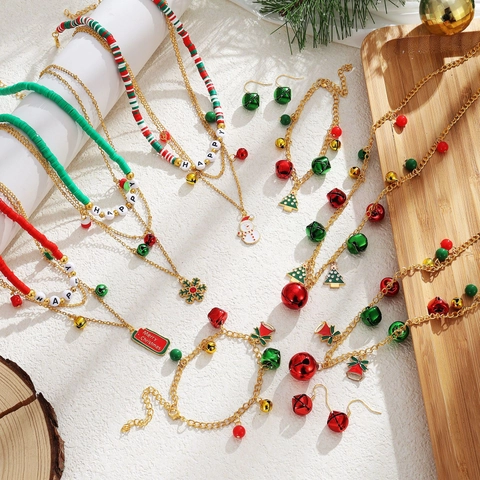 Weihnachten Legierung Schmuck Halskette Armband Ohrringe Glocke Schneemann Schneeflocke Baum Damen Festliche Party Accessoires
