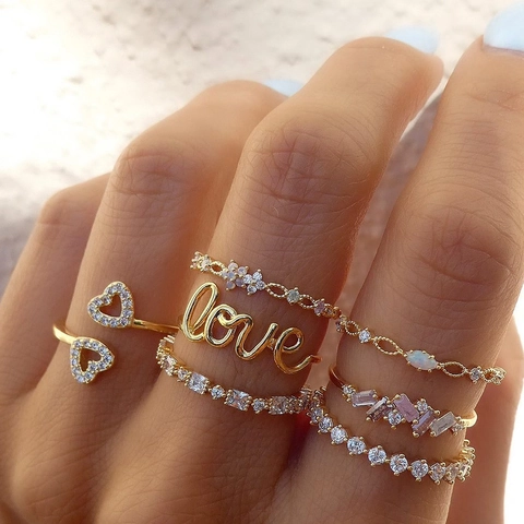 Vintage Gold Silver Alloy Ring Set For Women Fashion Heart Star Moon Flower Rhinestone Stackable Knuckle Rings Jewelry Gift