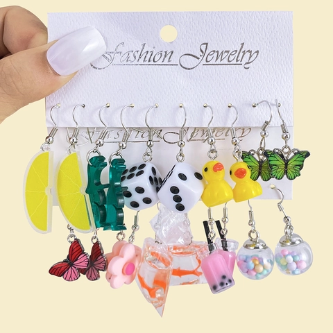Kreatives Cartoon Ohrring Set Für Kinder Legierung Harz Tier Frucht Tropfkleber Ohrringe Kinder Party Mode Schmuck Set
