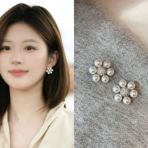 Pendientes De Botón De Flor De Perla Artificial Con Poste De Pendiente De Plata De Ley 925 Incrustaciones De Circón Joyería De Moda Elegante Para Mujer