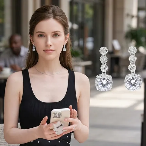 Square Cubic Zirconia Pendant Earrings With 925 Sterling Silver Earring Post Copper Luxury Fashion Jewelry For Women