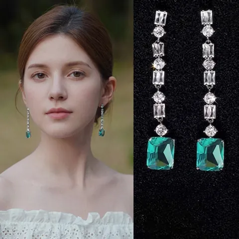Square Emerald Green Zircon Drop Earrings With 925 Sterling Silver Earring Post Vintage Luxury Jewelry For Women