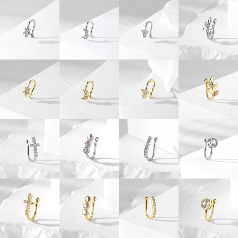 Copper Rhinestone Non-Piercing U-Shaped Nose Cuffs Geometric Star Moon Cross Clip-on Nose Ring For Women Fashion Body Jewelry