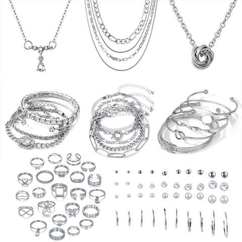 Vintage Silver Alloy Artificial Pearl Jewelry Collection Multi Layer Necklace Butterfly Heart Rings Earring Stud Bracelet Assortment