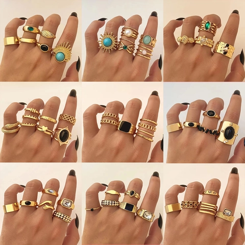Ensemble de Bagues Vintage en Alliage Strass pour Femmes Bohème Plaqué Or Perle Artificielle Émeraude Bagues Géométriques
