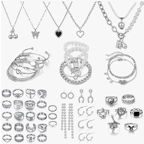 Set di Gioielli in Lega con Perle Artificiali e Strass Tonalità Argento Cuore Farfalla Ciliegia Collana Anello Orecchini Bracciale Collezione Donna