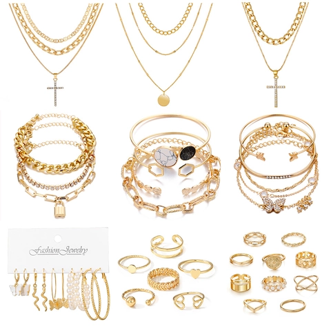 Vintage Gold Legierung Schmuckset Strass Eingelegt Mehrlagige Halskette Ohrringe Ringe Armband Schmetterling Kreuz Design Für Damen