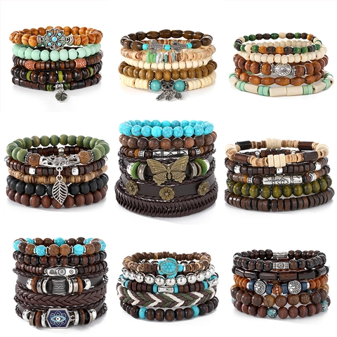 Bohemian Multilayer Braided Synthetic Leather Bracelet For Men Wood Beads Alloy Butterfly Evil Eye Charm Wristband Jewelry