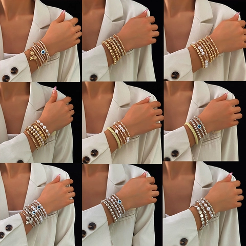 Damen Boho Perlen Armband Set Gold Silber Beschichtet Böser Blick Herz Kreuz Anhänger Elastische Schmuck