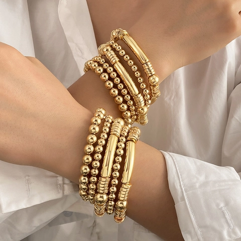 Bracelet Élastique à Tube de Perles Rondes Bohème pour Femmes Hommes Matériau Mixte Bijoux de Mode Électroplaqués