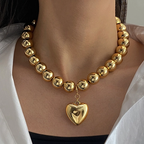 Punk Chunky Round Bead Necklace For Women Exaggerated Large Gold Silver Alloy Metal Heart Pendant Choker Statement Jewelry Gift