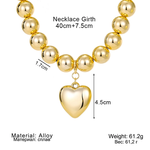 Punk Chunky Round Bead Necklace For Women Exaggerated Large Gold Silver Alloy Metal Heart Pendant Choker Statement Jewelry Gift