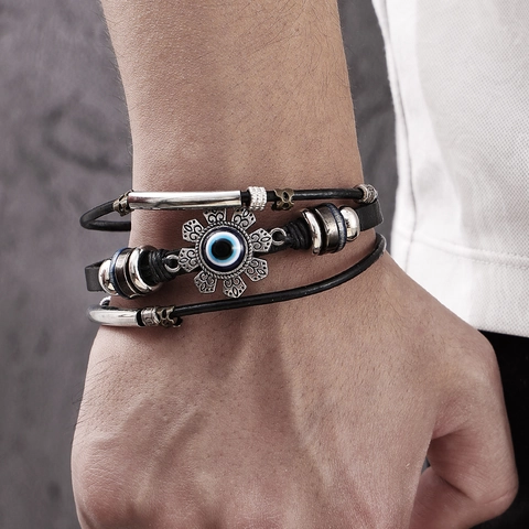 Boheemse Meerlagige Kunstleren Gevlochten Armband Retro Etnische Kralen Polsband Boze Oog Hand van Fatima Vlinder Blad Heren Sieraden