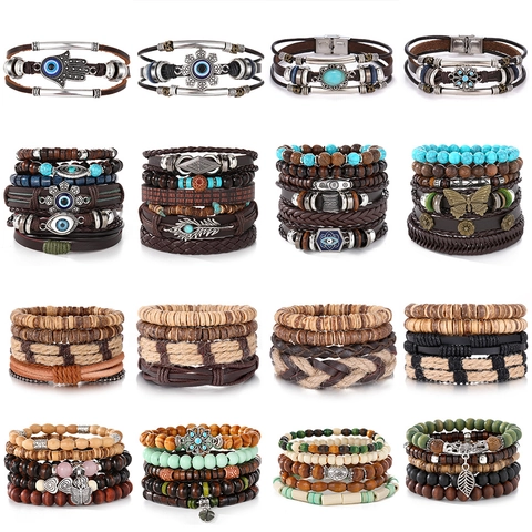 Boheemse Meerlagige Kunstleren Gevlochten Armband Retro Etnische Kralen Polsband Boze Oog Hand van Fatima Vlinder Blad Heren Sieraden