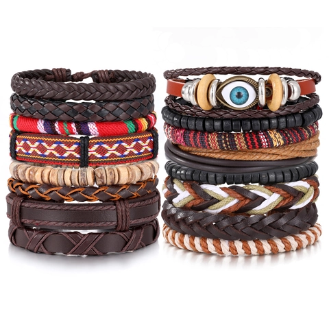 Set Pulsera de Cuero Vintage para Hombre Ojo de la Suerte Cuentas de Madera Boho Étnico Multicapa Tejido a Mano Ajustable