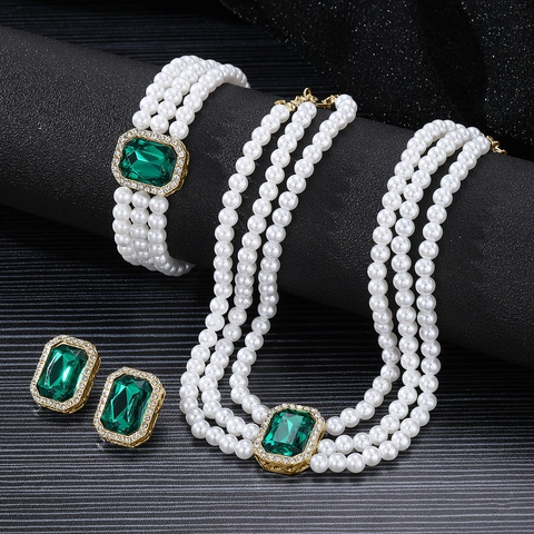 Vintage Mehrlagiges Künstliche Perlenimitat Schmuckset Elegant Rechteck Strass Halskette Armband Ohrringe Für Damen Bankett Schmuck