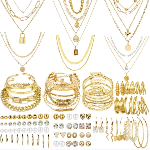Mode Gold Legierung Schmuckset Für Damen Künstliche Perle Zirkonia Strass Mehrlagige Halskette Ohrringe Armband Set