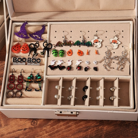 Set di Orecchini Halloween in Lega Perle Artificiali Strass Zucca Fantasma Scheletro Pipistrello Orecchini Donna Gioielli per Feste