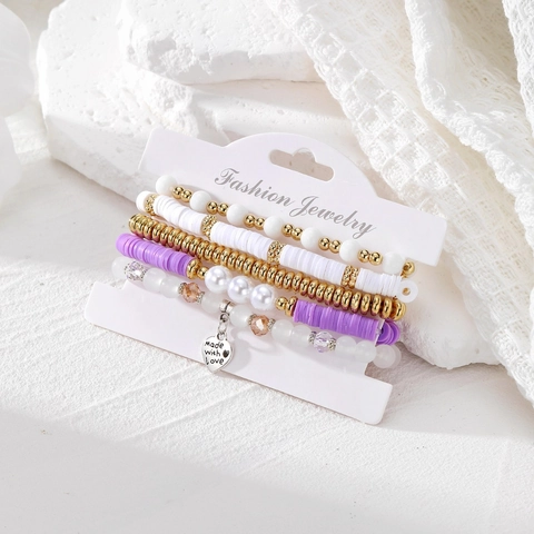 Bohemian Stapelbar Perlenarmband Kollektion Für Damen Herzanhänger Made With Love Polymerton Heishi Perlen Künstliche Perle Strass Sommer Strand Mode Schmuck