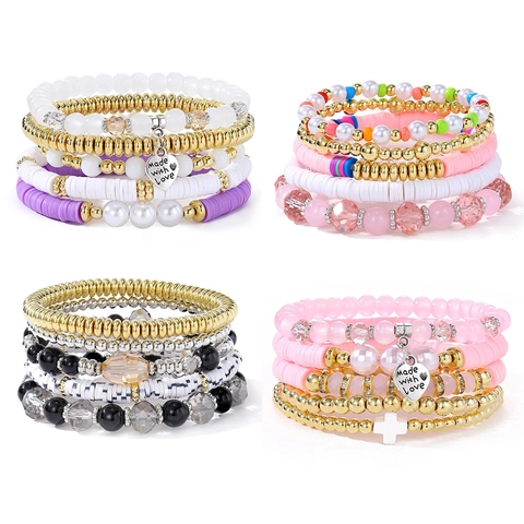 Bohemian Stapelbar Perlenarmband Kollektion Für Damen Herzanhänger Made With Love Polymerton Heishi Perlen Künstliche Perle Strass Sommer Strand Mode Schmuck