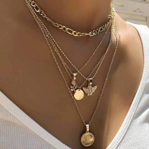 Vintage Alloy Layered Angel Rose Flower Pendant Necklace Set Gold Coin Portrait Rhinestone Artificial Pearl Jewelry For Women