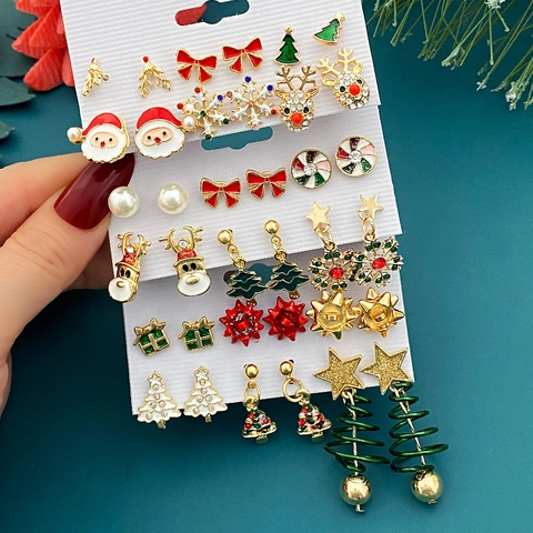 Christmas Earring Set For Women Alloy Enamel Santa Claus Elk Christmas Tree Snowflake Stud Earrings Festival Party Jewelry
