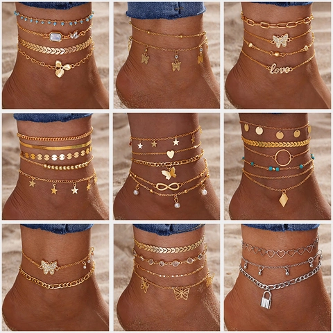 Bohemian Multilayer Alloy Foot Chain With Artificial Pearl Rhinestone Butterfly Heart Pendant Anklet For Women Beach Jewelry Gift