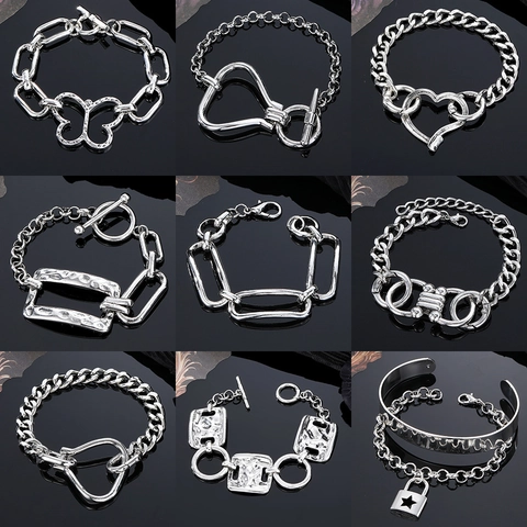 Pulsera Geométrica de Aleación de Plata Antigua Vintage para Mujer Eslabón Irregular Dije de Corazón Mariposa Cierre OT Joyería