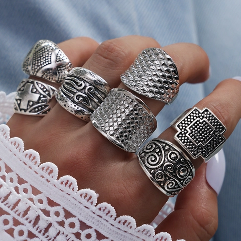 Vintage Legierung Geometrische Ring Set Herren Damen Retro Distressed Punk Boho Stapelbar Finger Schmuck Zubehör
