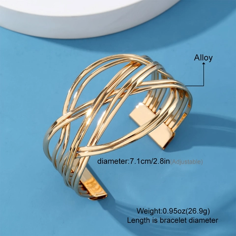 Vintage Gold Alloy Open Cuff Bangle For Women Geometric Hollow Wave Pattern Heart Infinity Layered Stackable Bracelet Jewelry