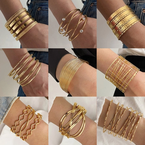 Vintage Gold Alloy Open Cuff Bangle For Women Geometric Hollow Wave Pattern Heart Infinity Layered Stackable Bracelet Jewelry
