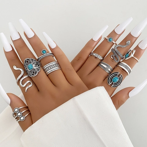 12Stück Vintage Böhmisch Ring-Set Für Damen Antiksilber Schlange Geweih Künstlicher Türkis Eingelegt Ethnisch Ring Schmuck