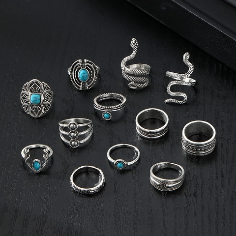 12Stück Vintage Böhmisch Ring-Set Für Damen Antiksilber Schlange Geweih Künstlicher Türkis Eingelegt Ethnisch Ring Schmuck