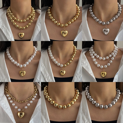 Layered Alloy Artificial Pearl Heart Pendant Necklace Fashion Gold Silver Plated Chunky Beaded Clavicle Chain Jewelry For Women Gift