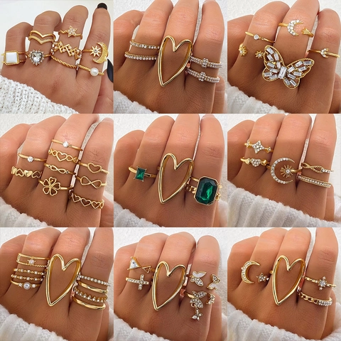 Set di Anelli in Lega d'Oro Vintage da Donna Bohemian Smeraldo Cuore Stella Luna Farfalla Cristallo Gioielli da Dito