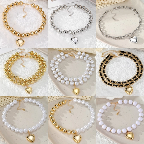 Collar de Capas con Colgante de Corazón y Perlas Artificiales para Mujer Aleación Dorado Plateado Cadena de Cuentas Joyería