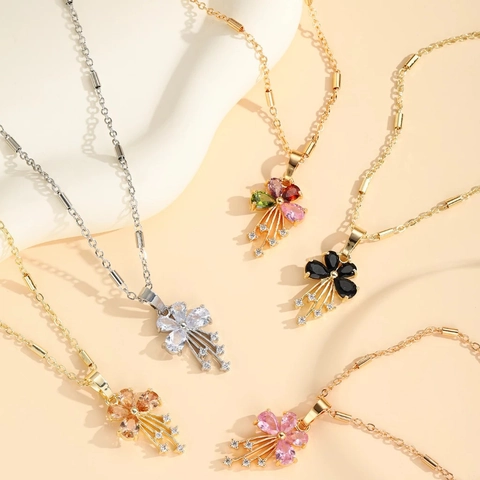 Fashion Bow Knot Flower Tassel Pendant Necklace Copper Gold Plated Zirconia Elegant Lightweight Neck Chain Jewelry For Women