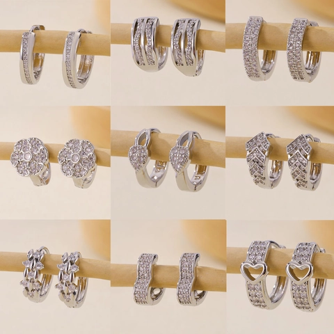 Fashion Copper Silver Color Rhinestone Hoop Earrings For Women Inlaid Crystal Geometric Heart Hollow Jewelry Earrings