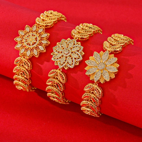 Elegant Gold Plated Copper Floral Bracelet For Women With Zirconia Inlaid Luxury Leaf Sunflower Bracelet For Wedding Party