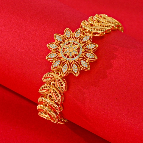 Elegant Gold Plated Copper Floral Bracelet For Women With Zirconia Inlaid Luxury Leaf Sunflower Bracelet For Wedding Party